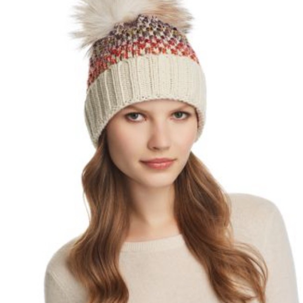 KYI KYI NWOTs Stylish Cream and Multicolor Knit Pom-Beanie with Fleece Lining